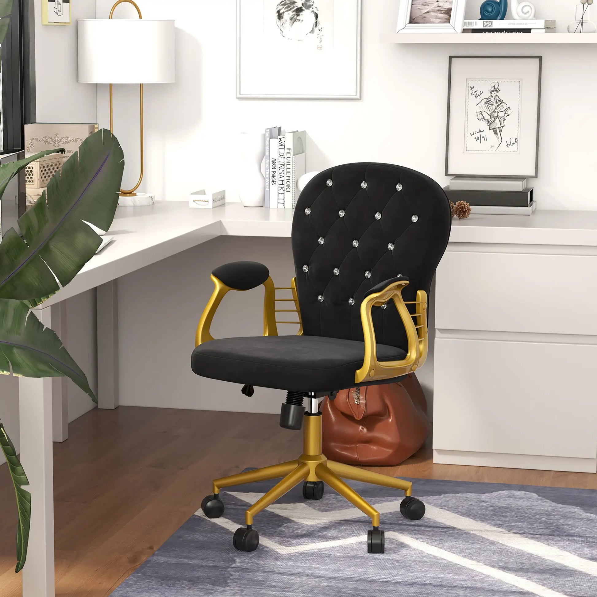 Velvet Office Desk Chair, Button Tufted, Swivel Wheels, Adjustable Height, Black Task Chairs at Gallery Canada