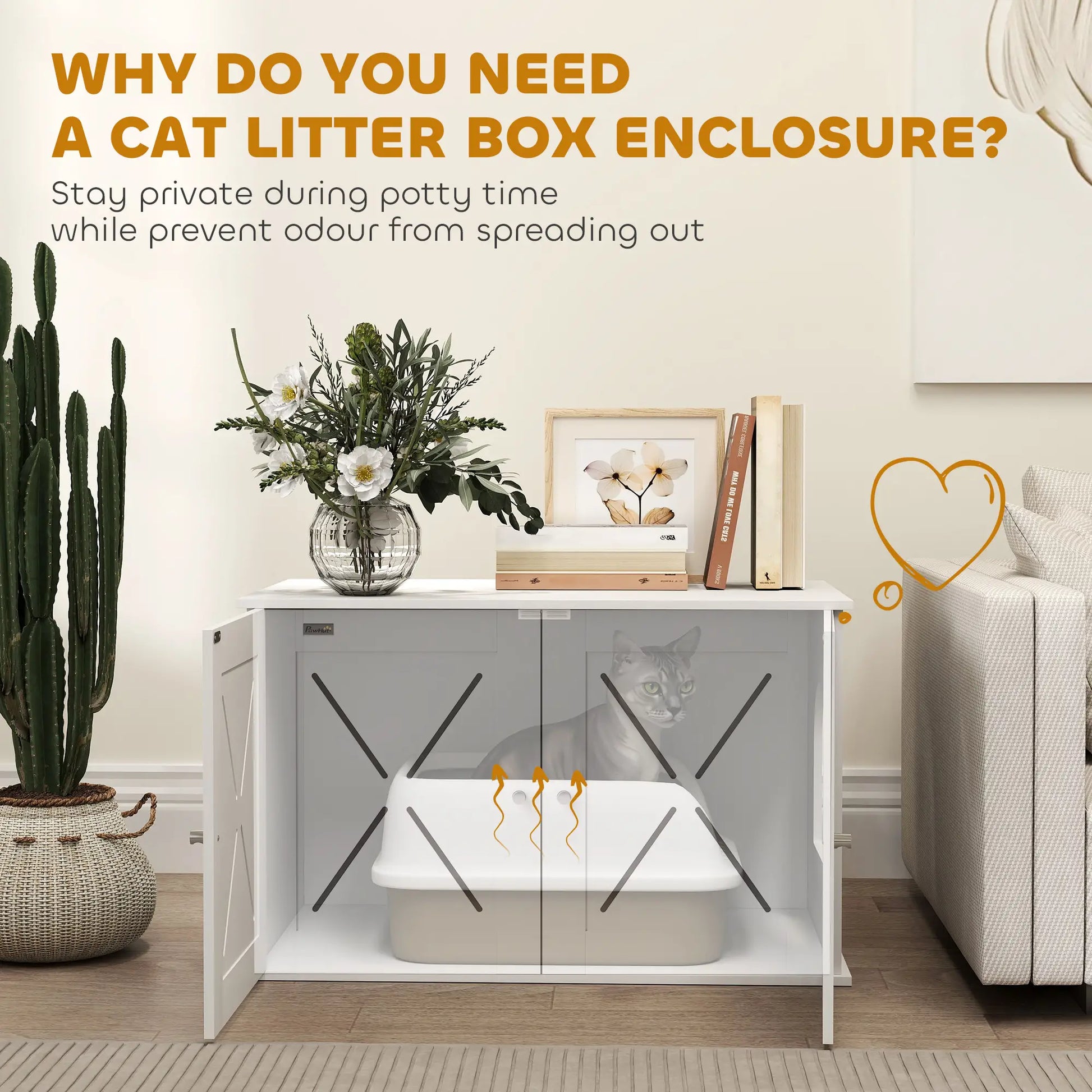 Hidden Cat Litter Box Enclosure, Double Doors, Hole, 31.5" x 19" x 20", White Cat Litter Box Enclosures at Gallery Canada