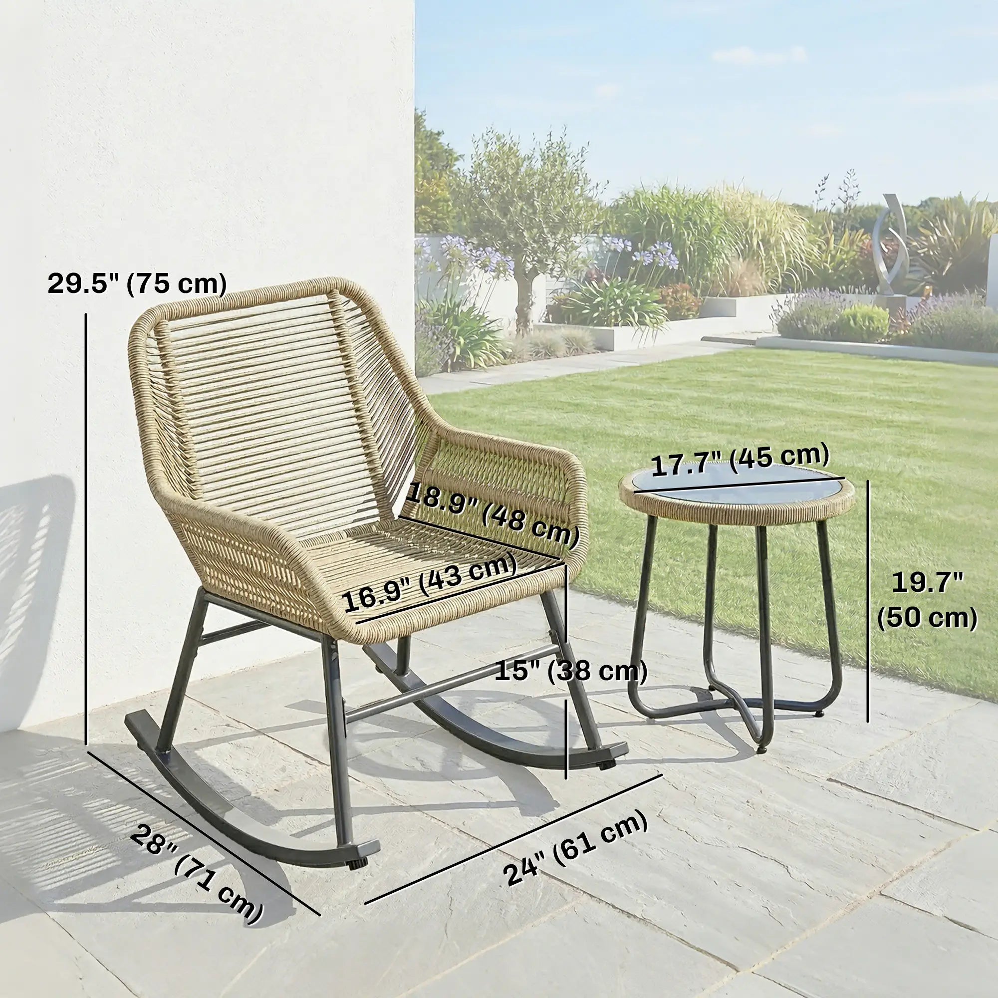 3 Piece Rocking Bistro Set with Cushions, Glass Table, Cream White, Cream White Bistro Sets at Gallery Canada