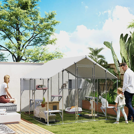 94.5" Large Metal Outdoor Catio, Waterproof Cover, 2 Resting Boxes, 7 Platforms Outdoor Cat Enclosures Silver at Gallery Canada