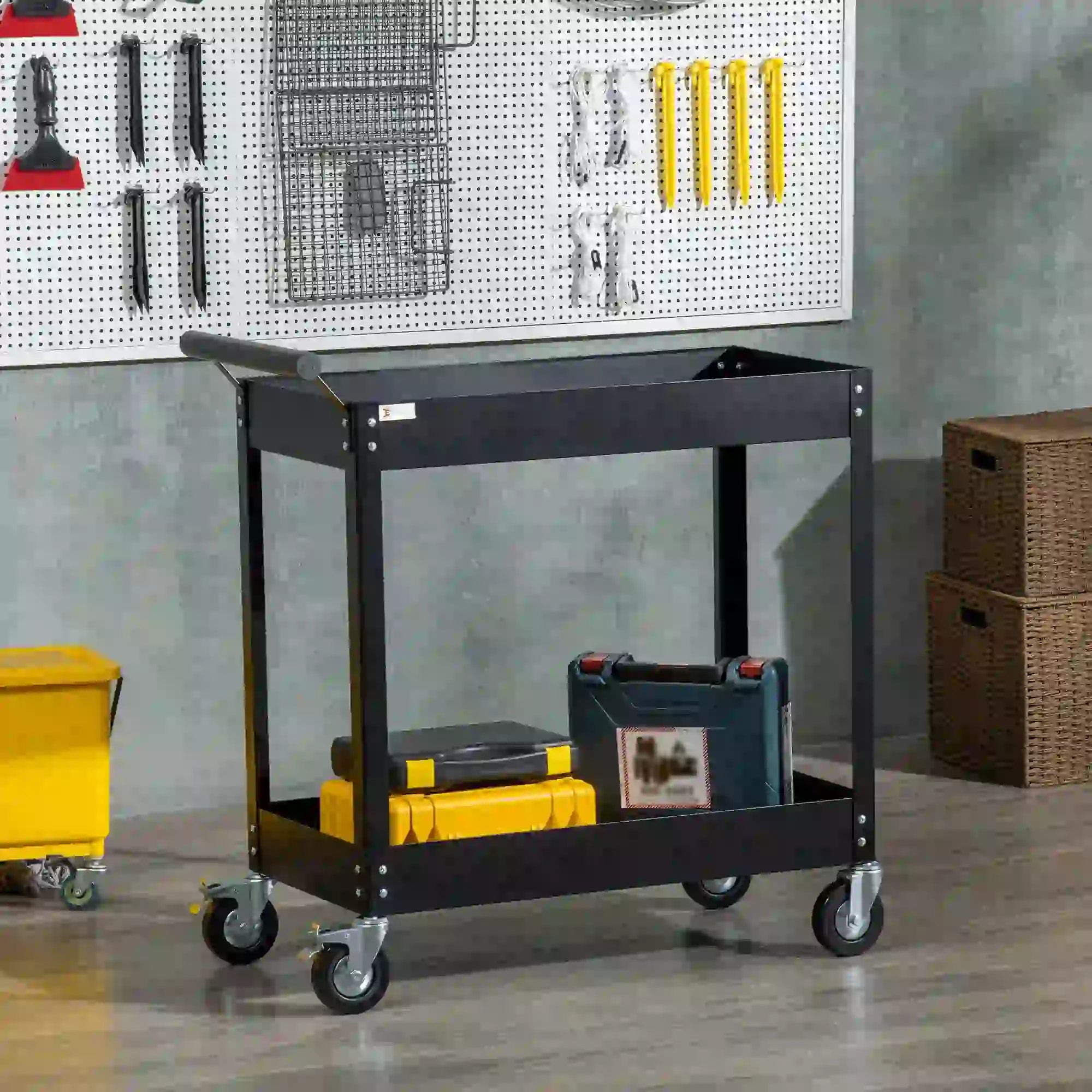 2 Tier Rolling Tool Cart, Steel Mobile Utility Cart, 330lbs, Black Tool Organizers at Gallery Canada