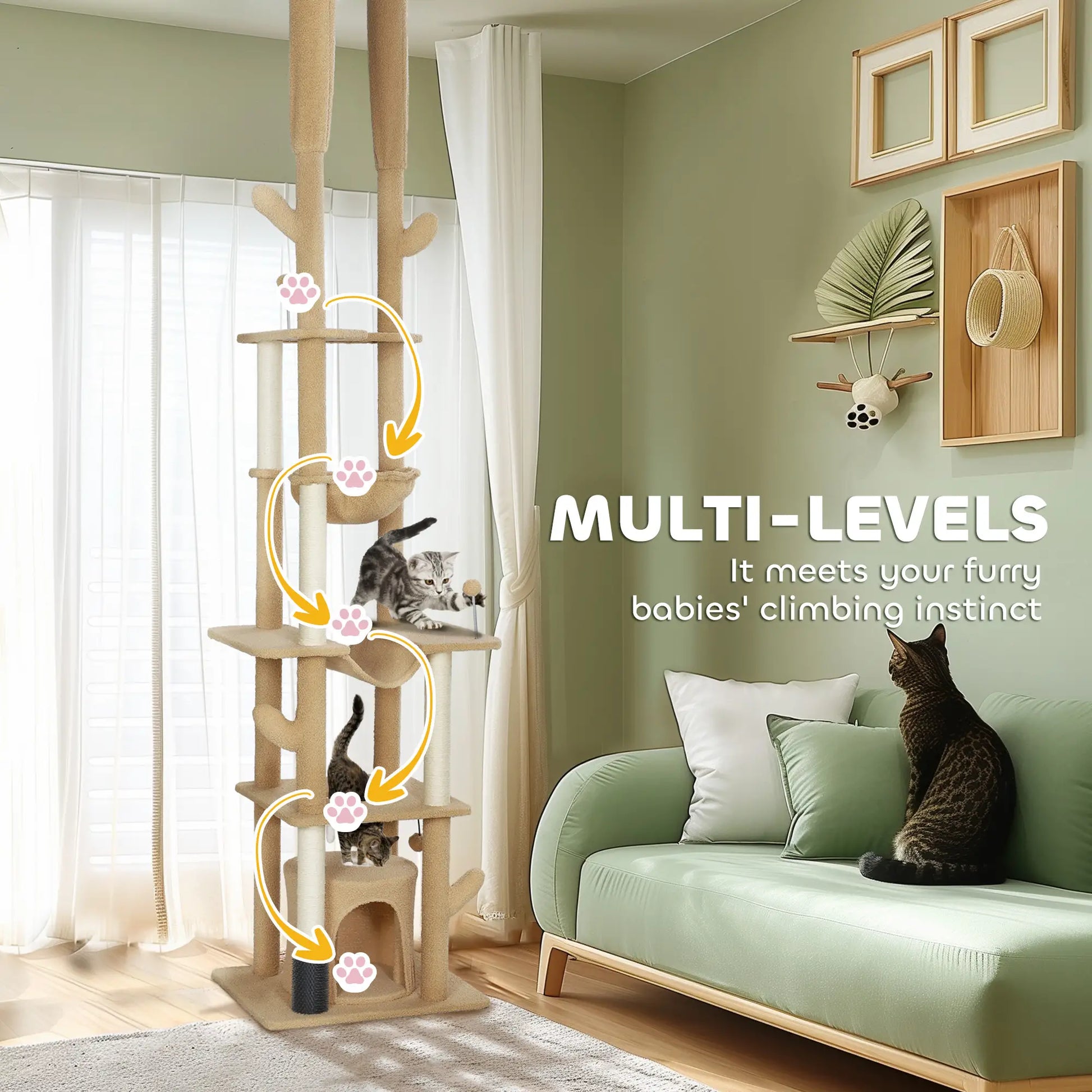 89"-100" Cat Tree Tower for Large Cats, Scratching Posts, Grooming Brush, Brown Floor to Ceiling Cat Trees at Gallery Canada