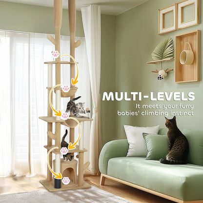 89"-100" Cat Tree Tower for Large Cats, Scratching Posts, Grooming Brush, Brown Floor to Ceiling Cat Trees at Gallery Canada