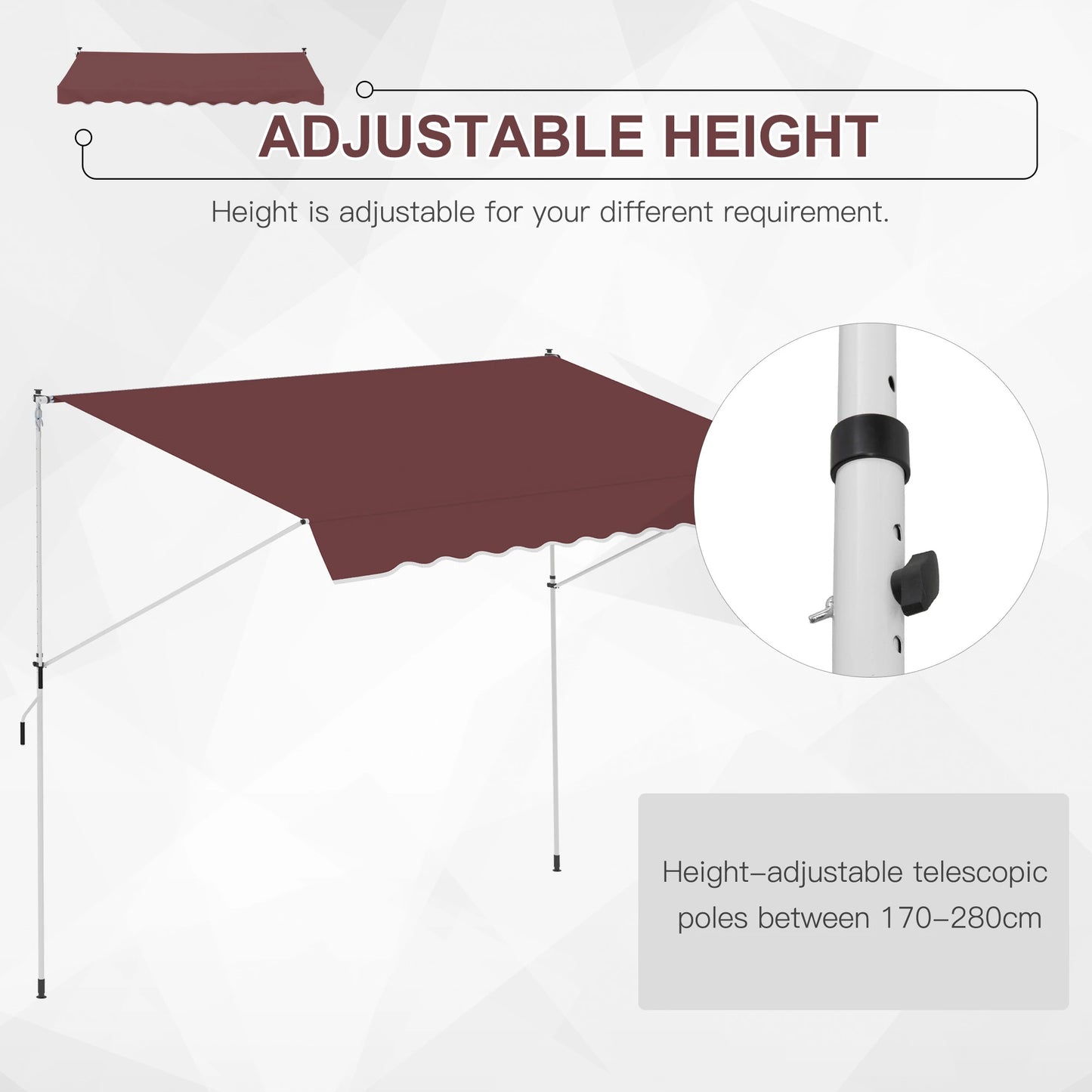10x5ft Retractable Sun Shade Canopy, 5.6-9.2ft Pole, Wine Red Patio Awnings at Gallery Canada