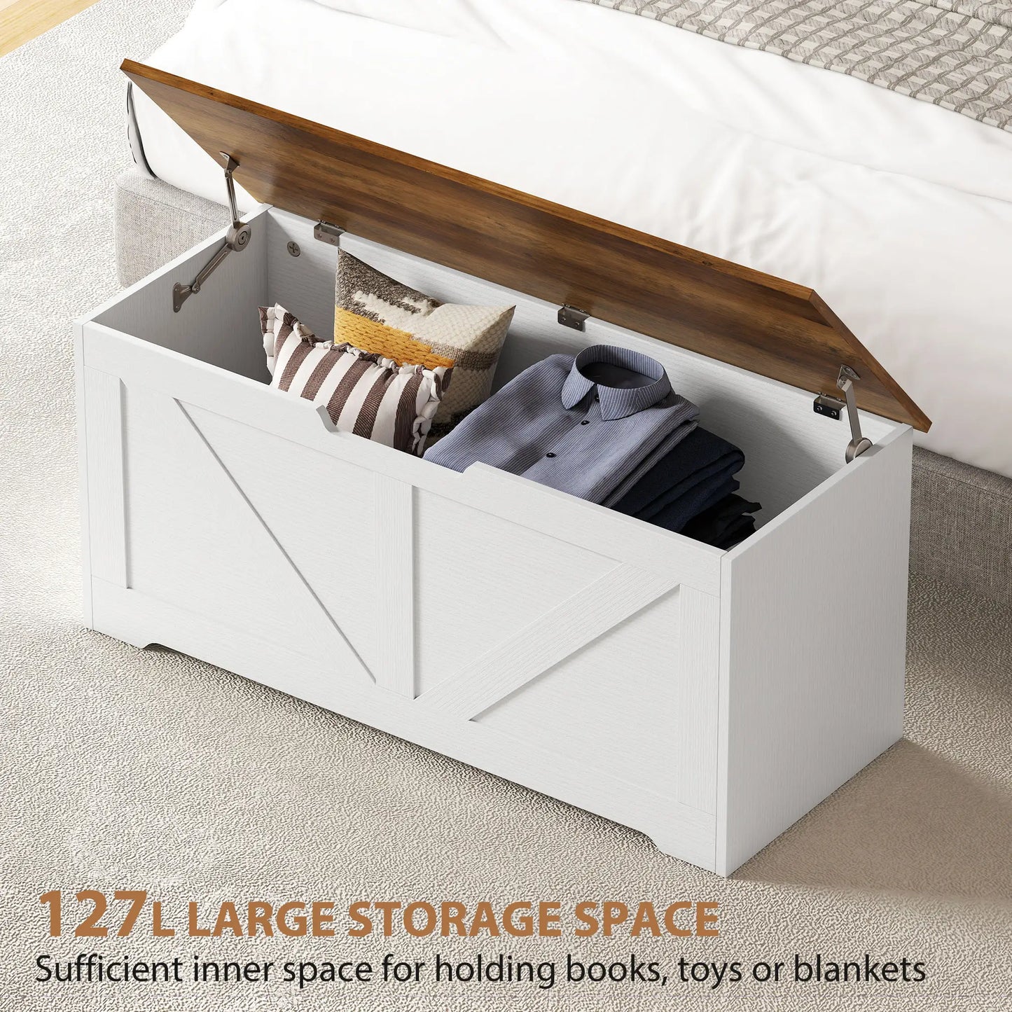 39.4 Inches Storage Chest, Brown White Wood Grain, Safety Hinges, Brown White