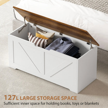 39.4 Inches Storage Chest, Brown White Wood Grain, Safety Hinges, Brown White