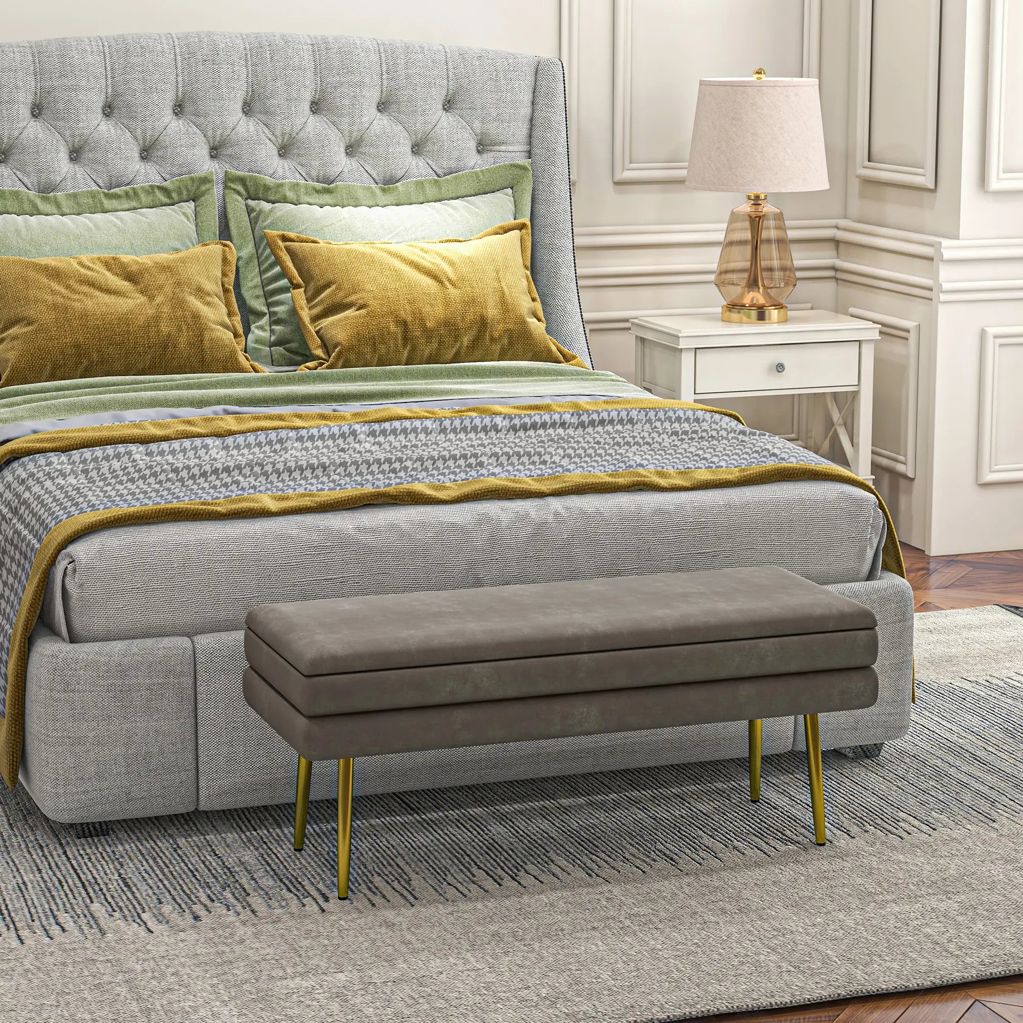 Velvet Upholstered Bench, Thick Padded Seat, Steel Legs, Beige Storage Ottomans & Benches at Gallery Canada