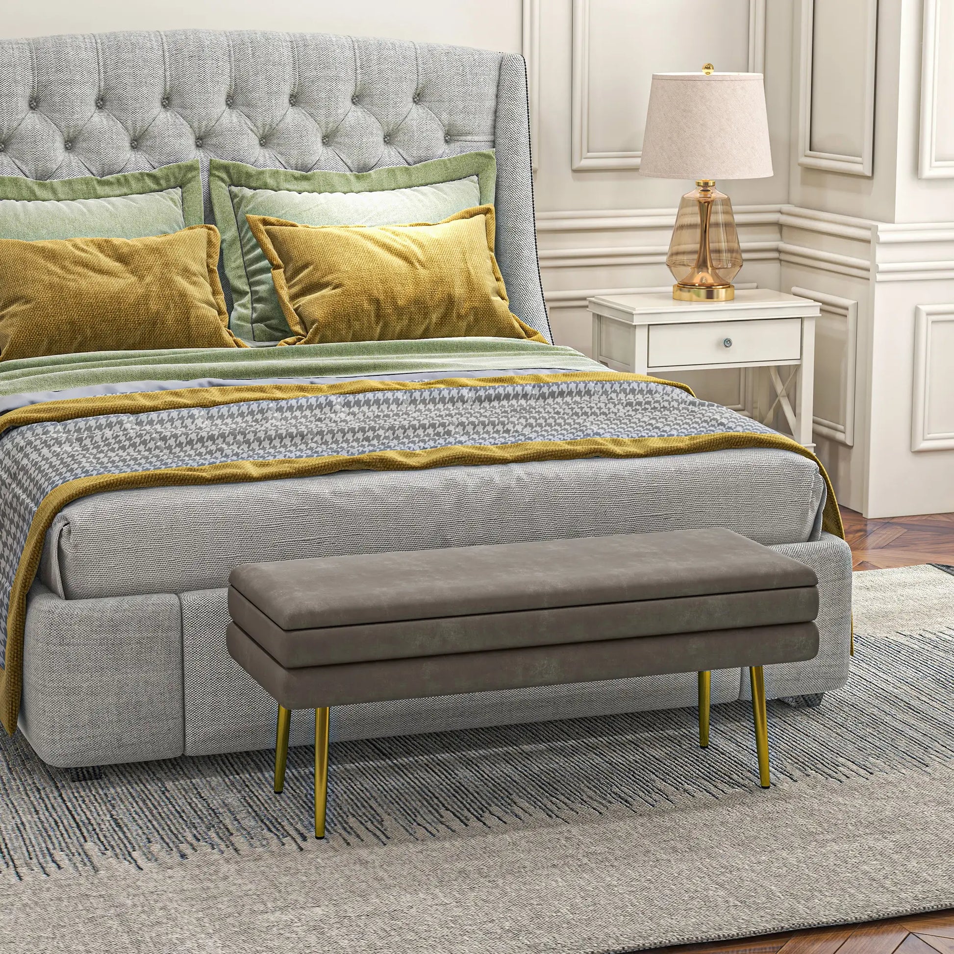 Velvet Upholstered Bench, Thick Padded Seat, Steel Legs, Beige Storage Ottomans & Benches at Gallery Canada