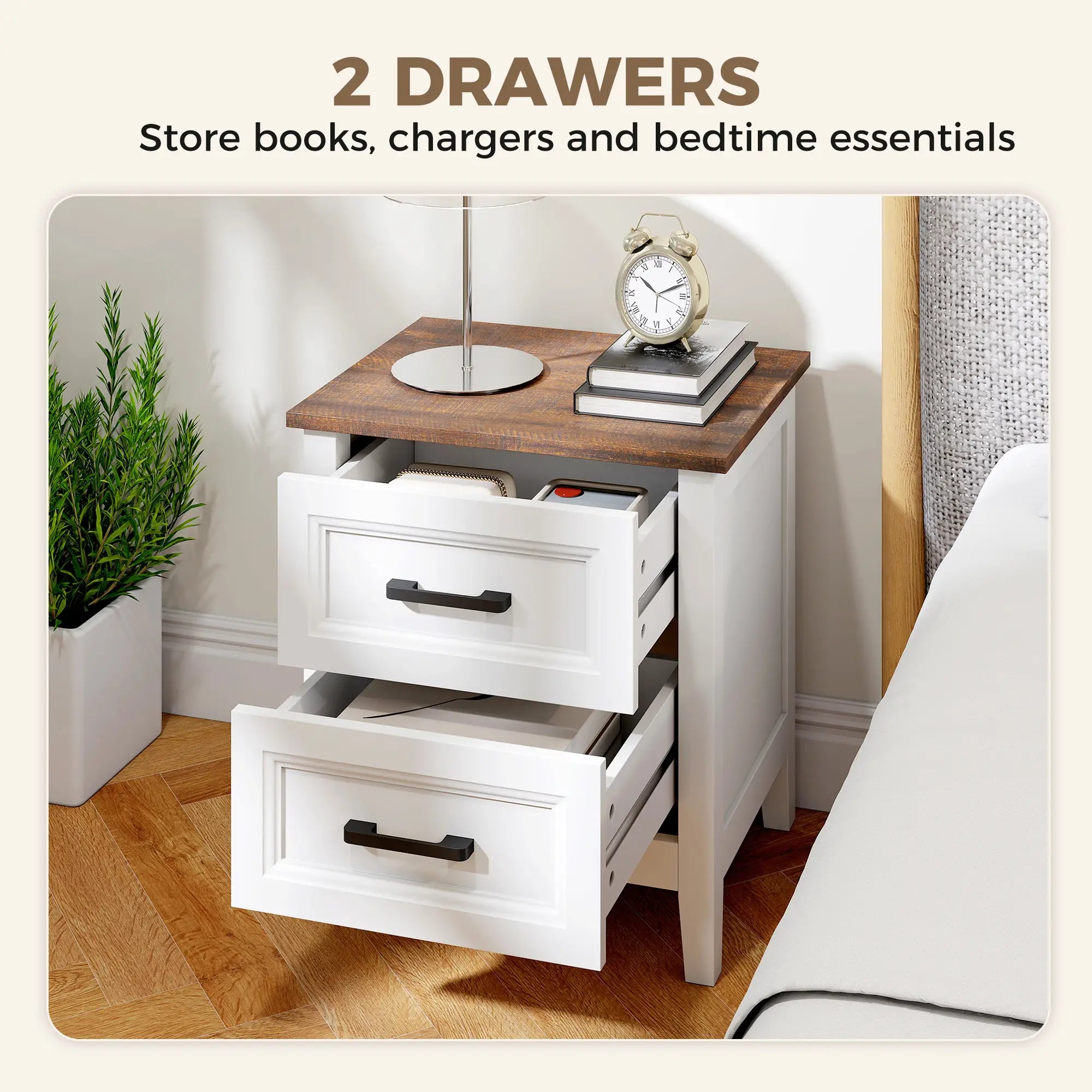 Farmhouse Nightstand Set of 2, 2 Drawers, White Bedside Tables at Gallery Canada