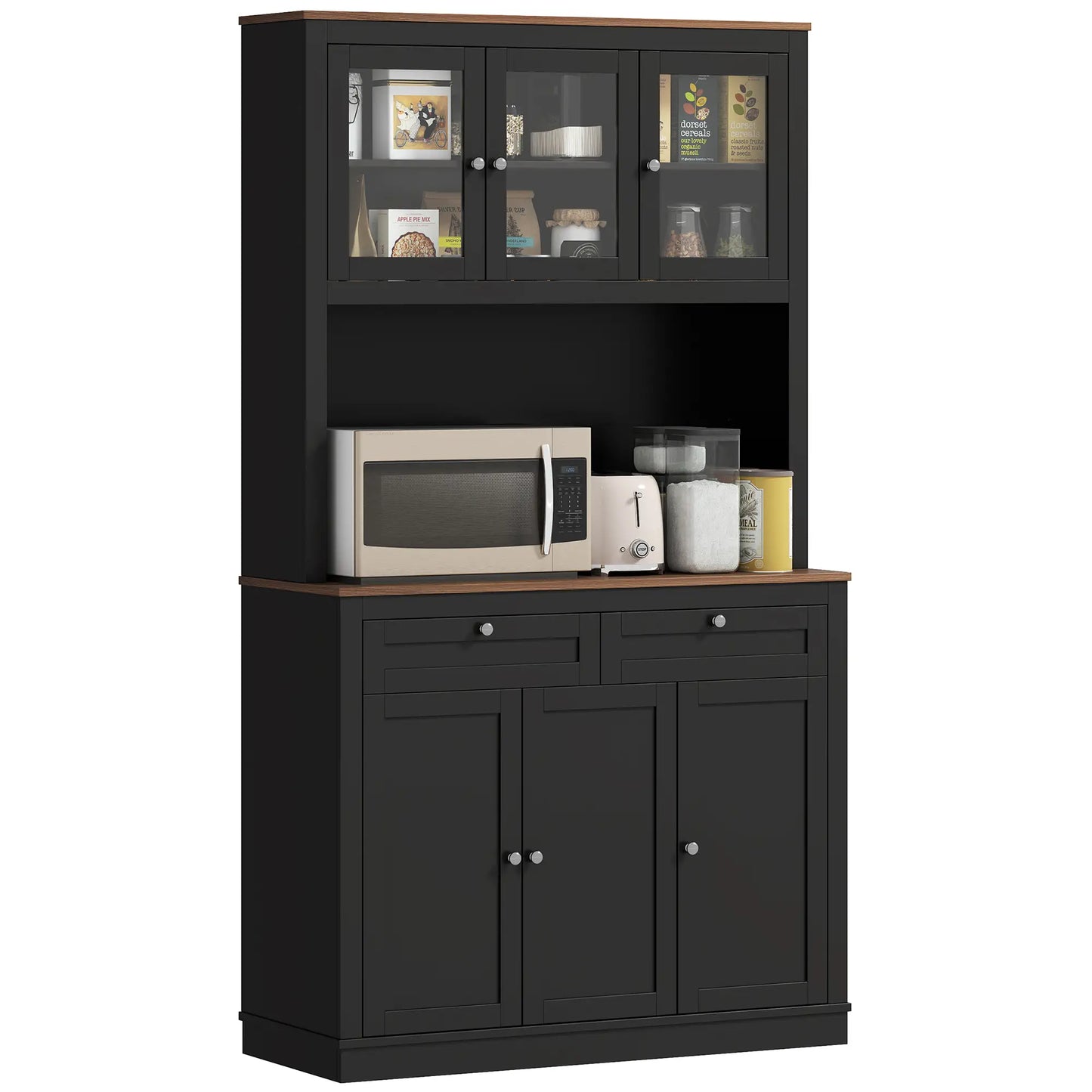 71" Pantry Cabinet with Microwave Space, Buffet Hutch, 2 Drawers, Adjustable Shelves, Black Kitchen Pantry Cabinets Black, Oak at Gallery Canada