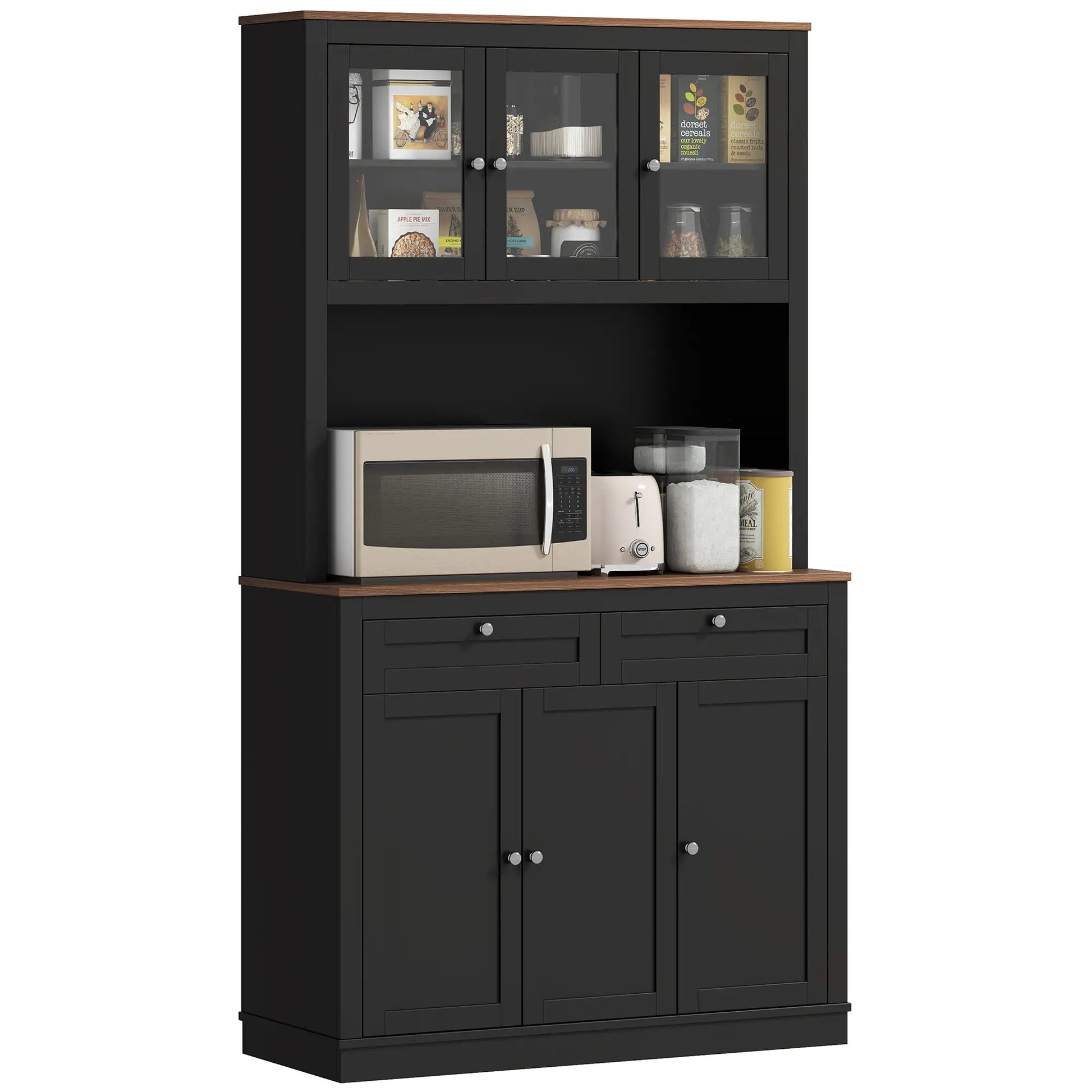 71" Pantry Cabinet with Microwave Space, Buffet Hutch, 2 Drawers, Adjustable Shelves, Black Kitchen Pantry Cabinets Black, Oak at Gallery Canada