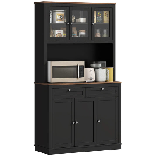 71" Pantry Cabinet with Microwave Space, Buffet Hutch, 2 Drawers, Adjustable Shelves, Black Kitchen Pantry Cabinets Black, Oak at Gallery Canada