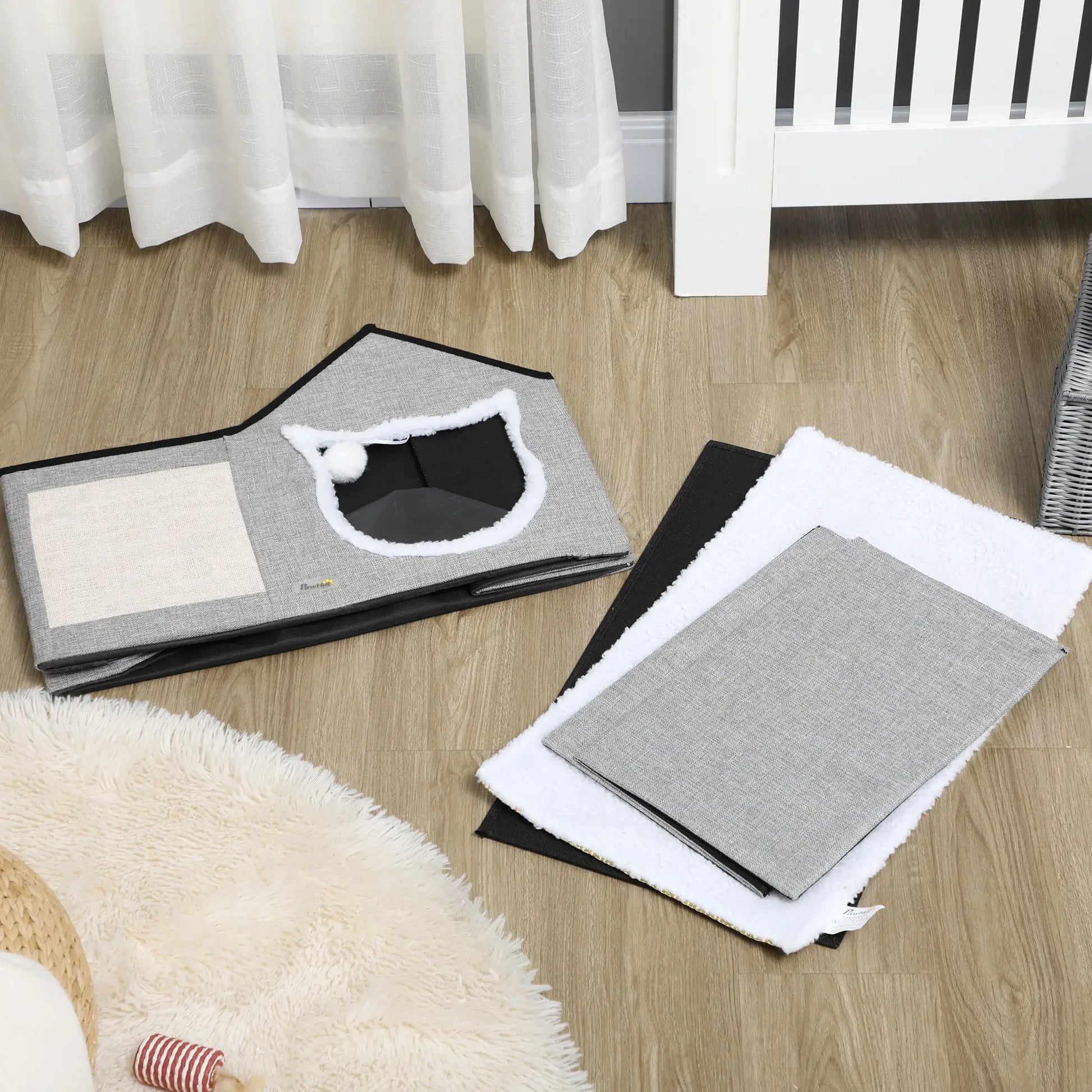 Large Cat Bed, Indoor Cat House with Soft Cushion, Scratching Pad, Grey Cat Houses at Gallery Canada