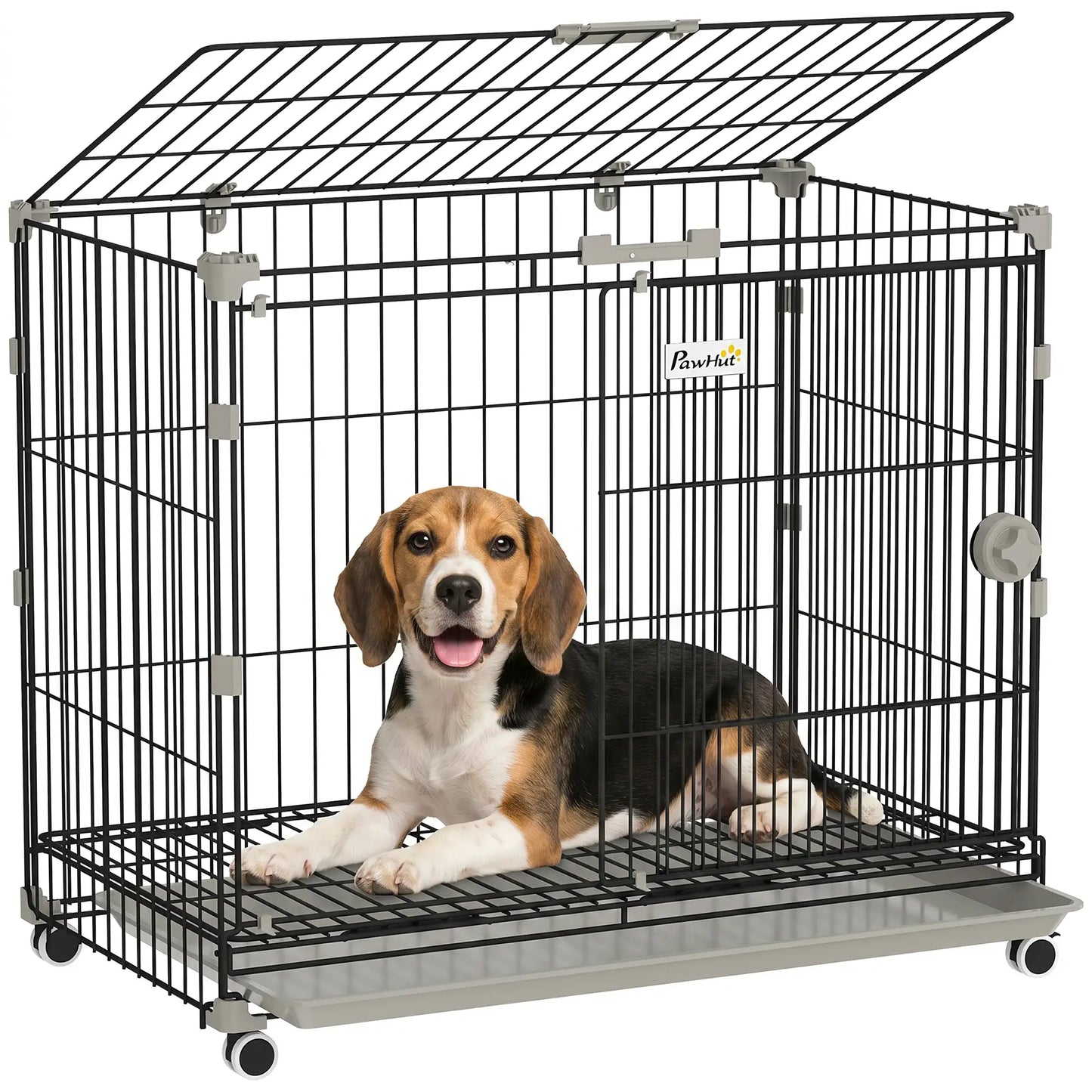 30 Inch Foldable Dog Crate, Metal Cage with Tray & Wheels, Black Dog Cages & Crates at Gallery Canada
