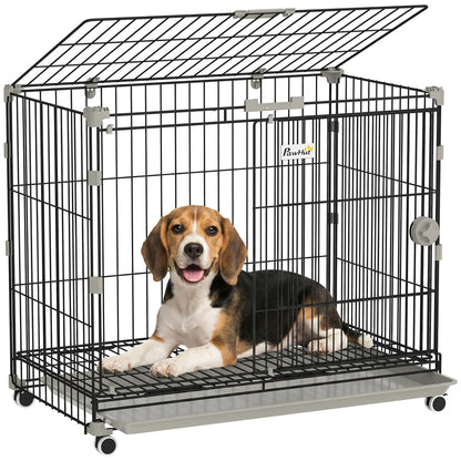 30 Inch Foldable Dog Crate, Metal Cage with Tray & Wheels, Black Dog Cages & Crates at Gallery Canada