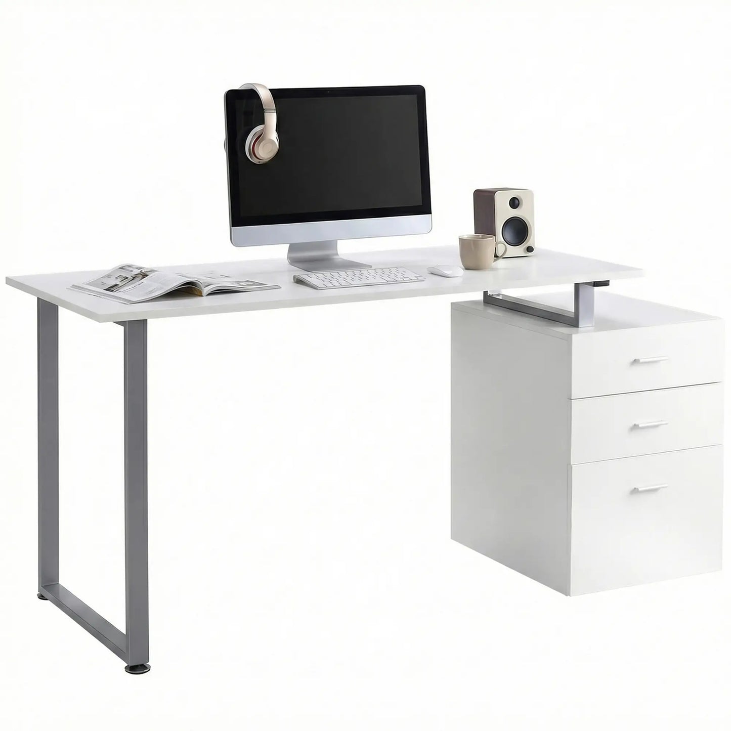 47" L Computer Desk, Metal Frame, Reversible File Drawers, White Writing Desks Silver frame, White board at Gallery Canada