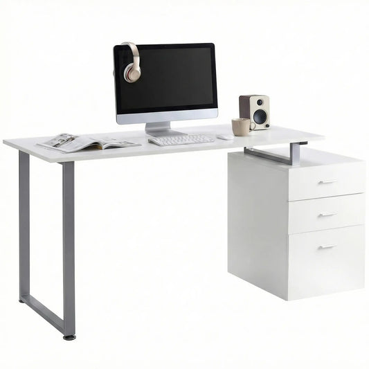 47" L Computer Desk, Metal Frame, Reversible File Drawers, White Writing Desks Silver frame, White board at Gallery Canada