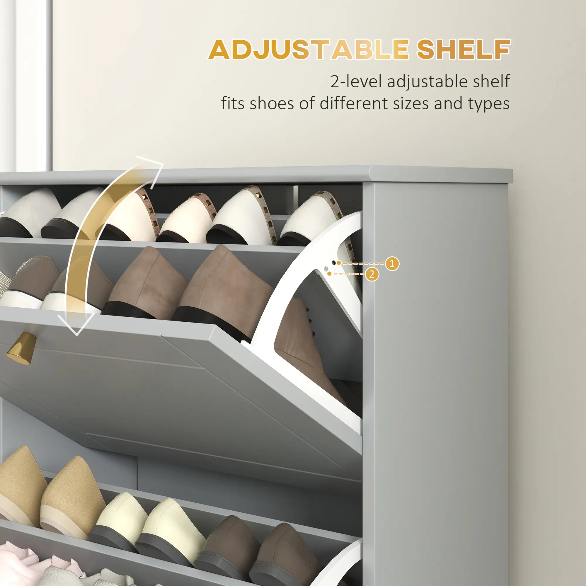 Narrow Shoe Storage, 3 Flip Drawers, Adjustable Shelves, Holds 12 Pairs, Grey Shoe Storage Cabinets & Racks at Gallery Canada