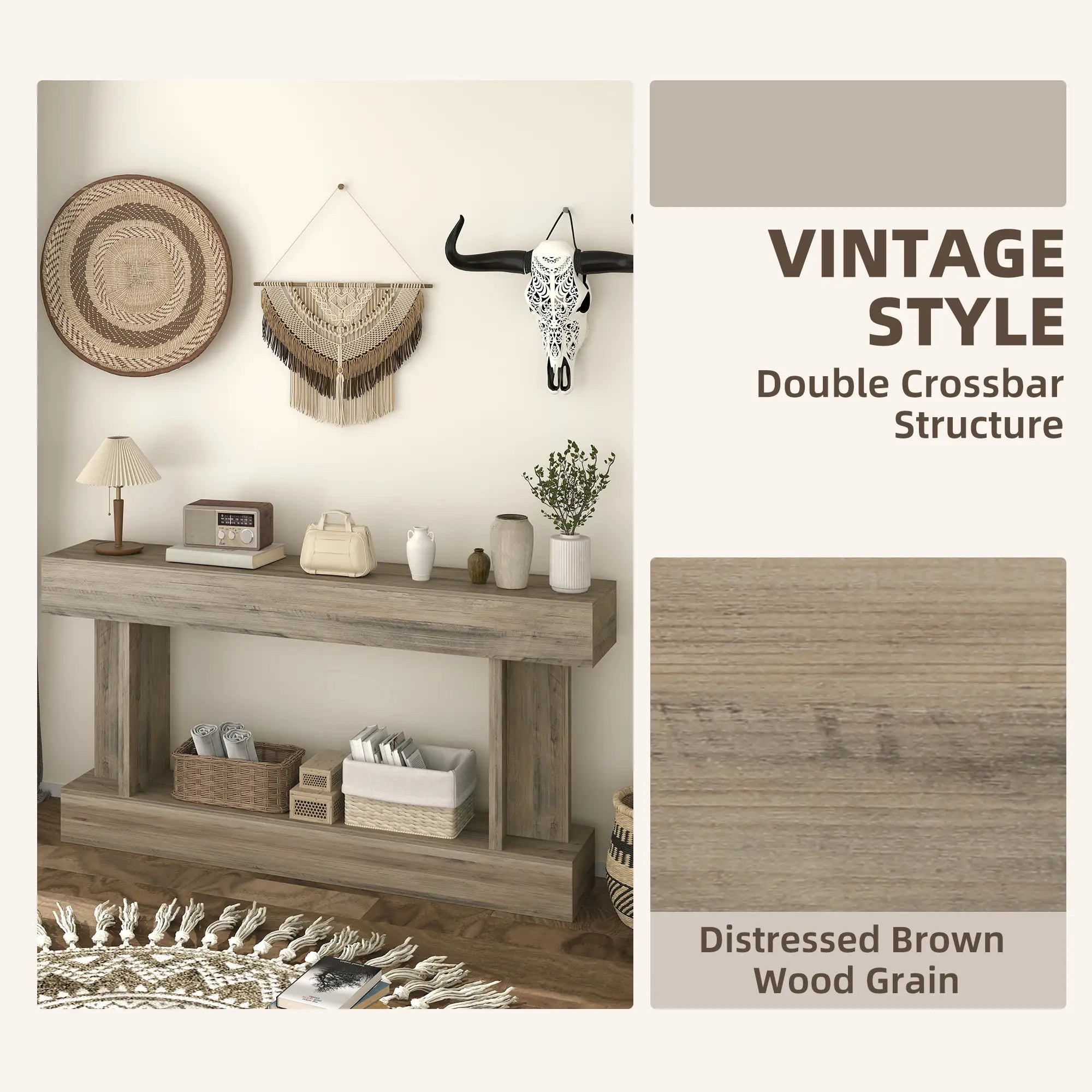 63 Inch Console Table, Vintage Narrow with Storage Shelf, Light Brown Console Tables at Gallery Canada