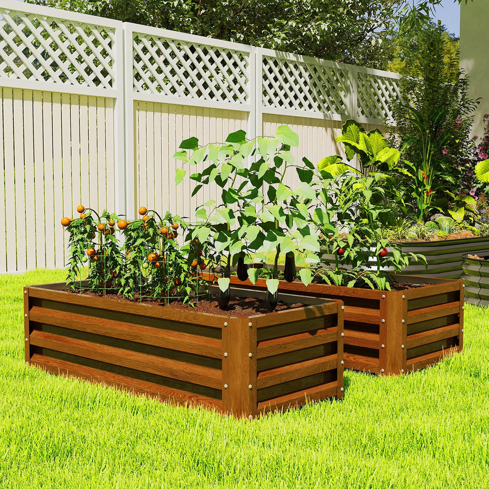 Galvanized Raised Garden Beds, Set of 2, Wood Effect, Brown Galvanized Planter Boxes at Gallery Canada