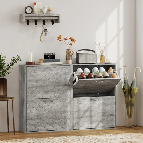 Shoe Storage Cabinet, 4 Flip Drawers, Narrow Slim, 12 Pair Organizer, Grey