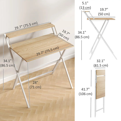 32" Folding Computer Desk with Monitor Shelf, Natural Wood Office Desks & Work Stations at Gallery Canada