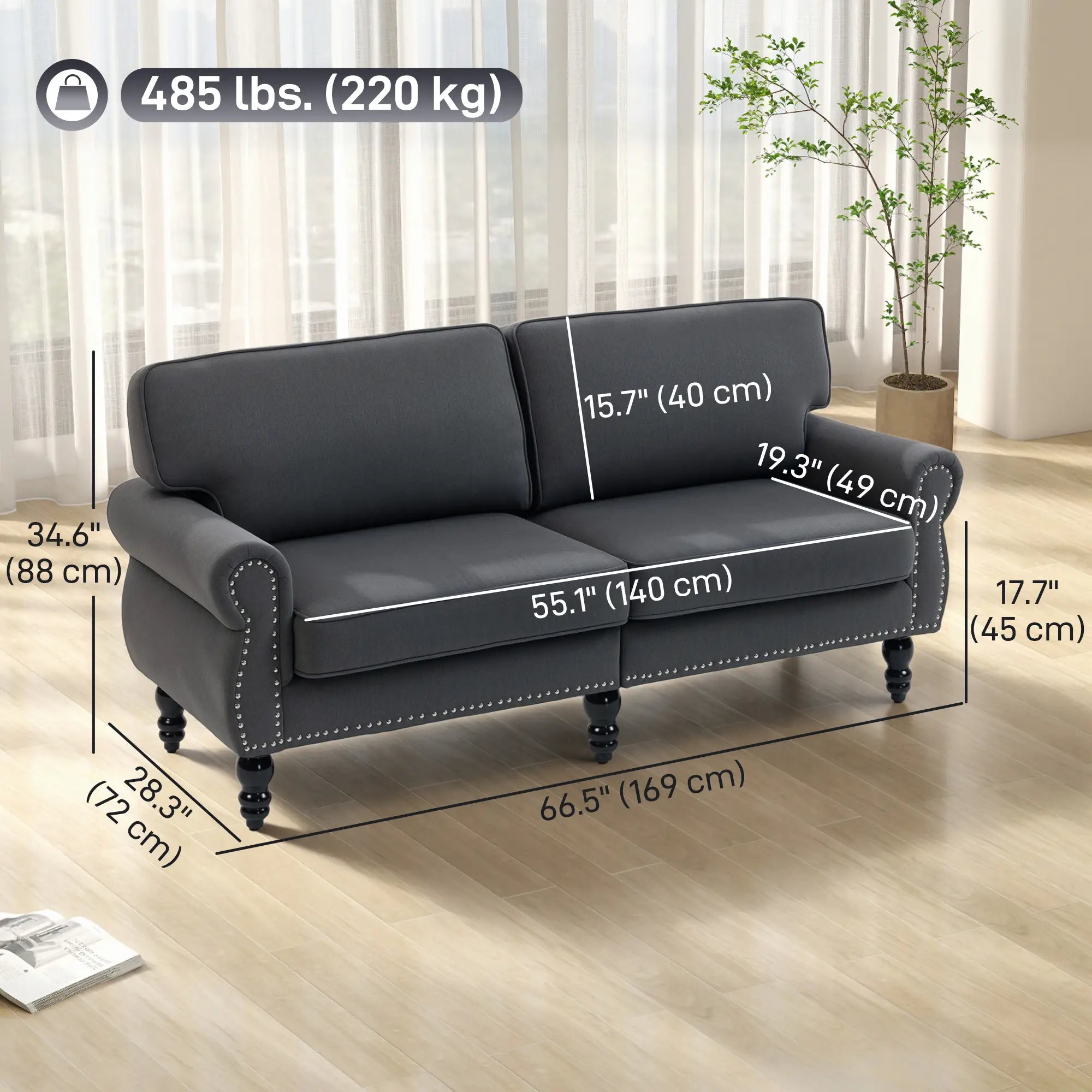 Midback Double Sofa, Sponge Padding, 2 Seater, Rubber Wood Leg, Dark Grey 2-Seater Sofas at Gallery Canada