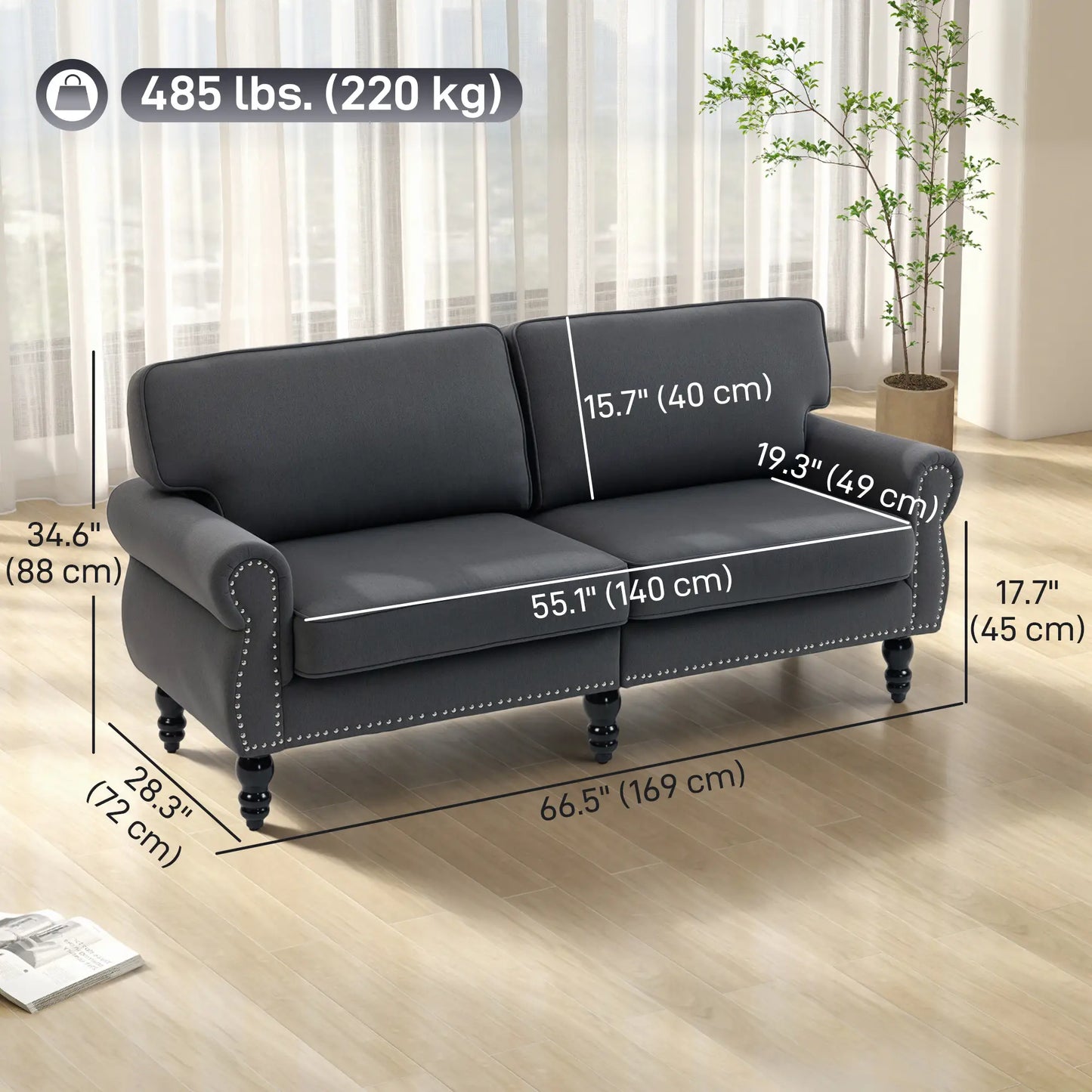 Midback Double Sofa, Sponge Padding, 2 Seater, Rubber Wood Leg, Dark Grey 2-Seater Sofas at Gallery Canada