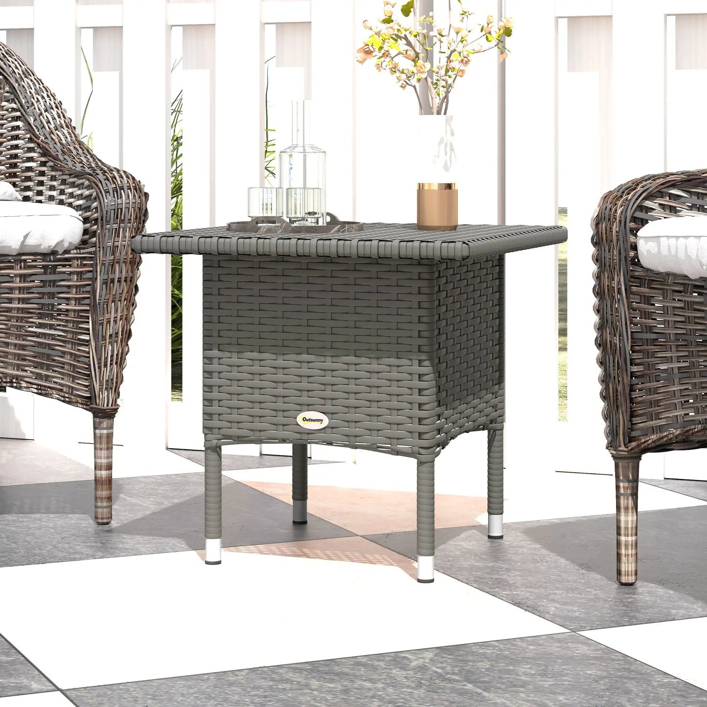 20" Square Outdoor Side Table, Grey Woven Top, Grey