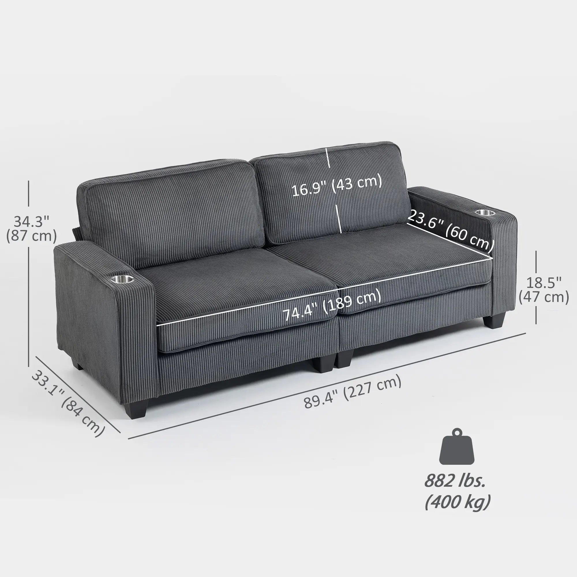 Three Seater Sofa, Fabric Couch with Spring Cushion, Cup Holders, Dark Grey 3-Seater Sofas at Gallery Canada