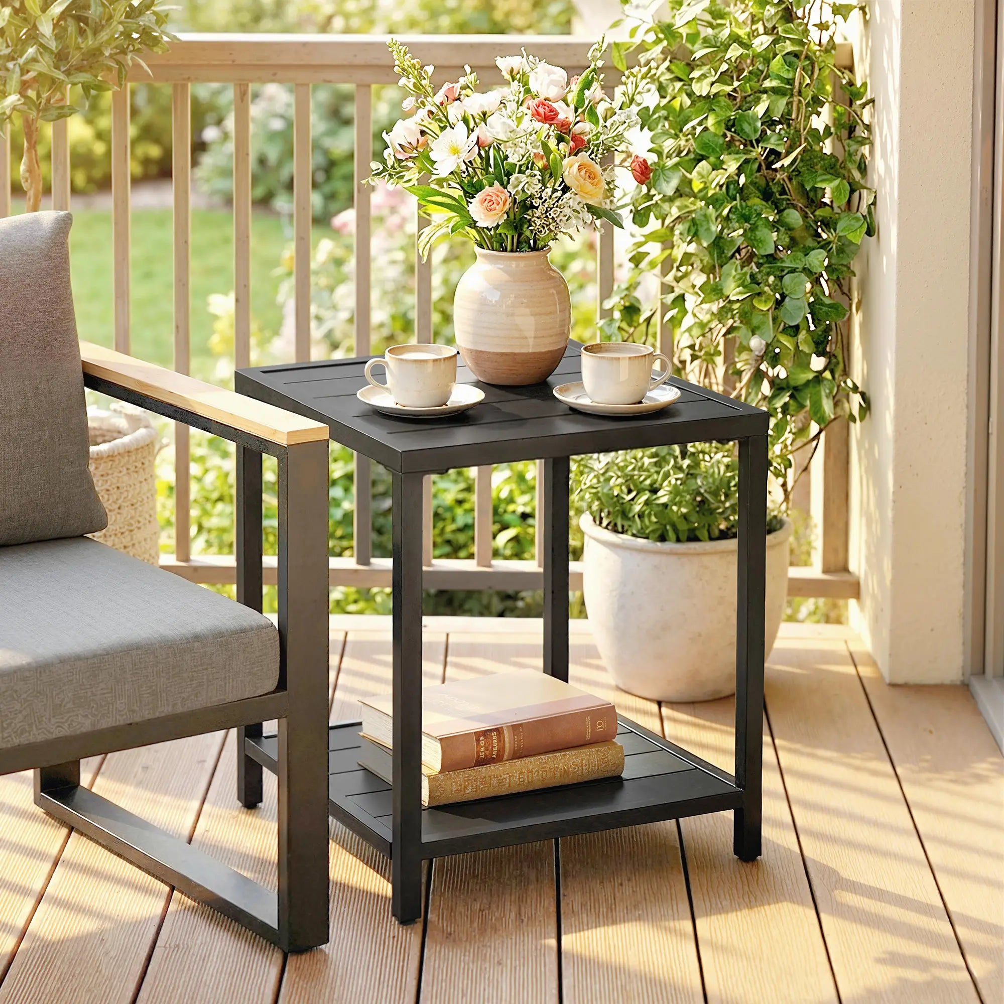 Outdoor Coffee Table, 2-Tier With Storage Shelf, Adjustable Feet, Black Patio Side Tables at Gallery Canada