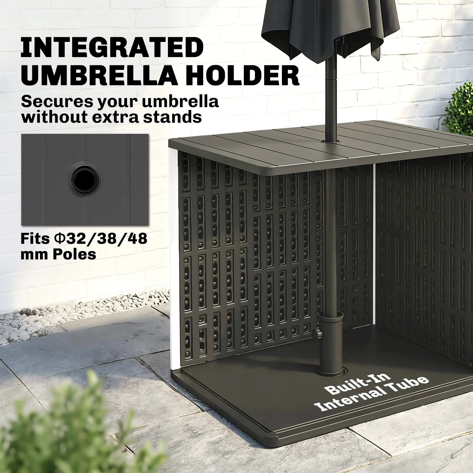 30 Gallon Storage Box, Outdoor Side Table with Umbrella Holder, Black Patio Storage Boxes at Gallery Canada