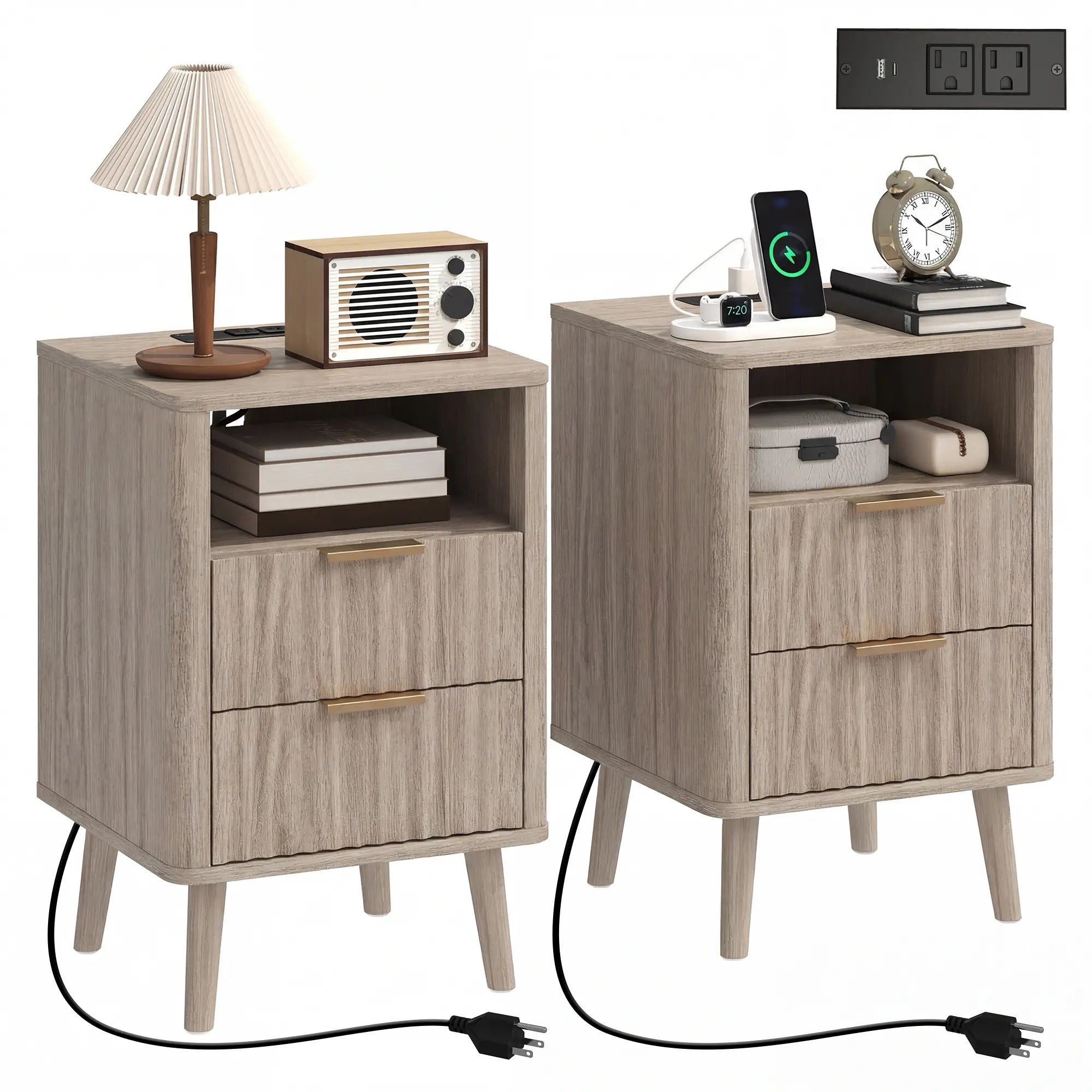 Modern Nightstands Set of 2, Charging Station, 2 Drawers, Open Shelf, Grey Bedside Tables at Gallery Canada