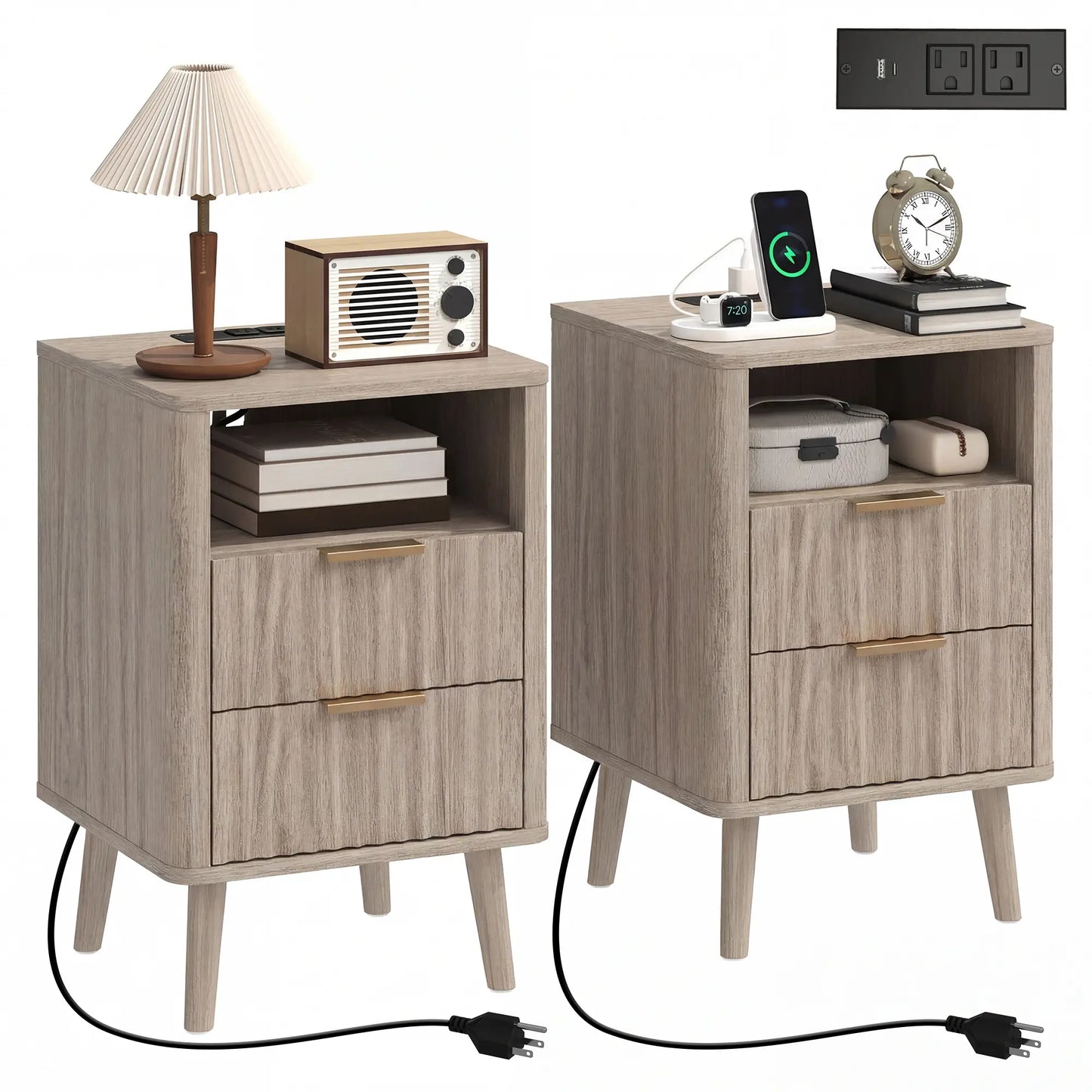 Modern Nightstands Set of 2, Charging Station, 2 Drawers, Open Shelf, Grey Bedside Tables at Gallery Canada