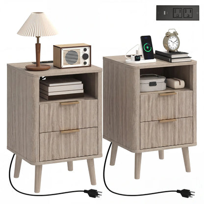 Modern Nightstands Set of 2, Charging Station, 2 Drawers, Open Shelf, Grey Bedside Tables at Gallery Canada