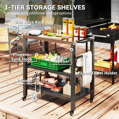 Outdoor Kitchen Bar Cart With Wheels, Stainless Steel Pizza Oven Stand, Movable Prep Table With Hooks Outdoor Grill Carts at Gallery Canada