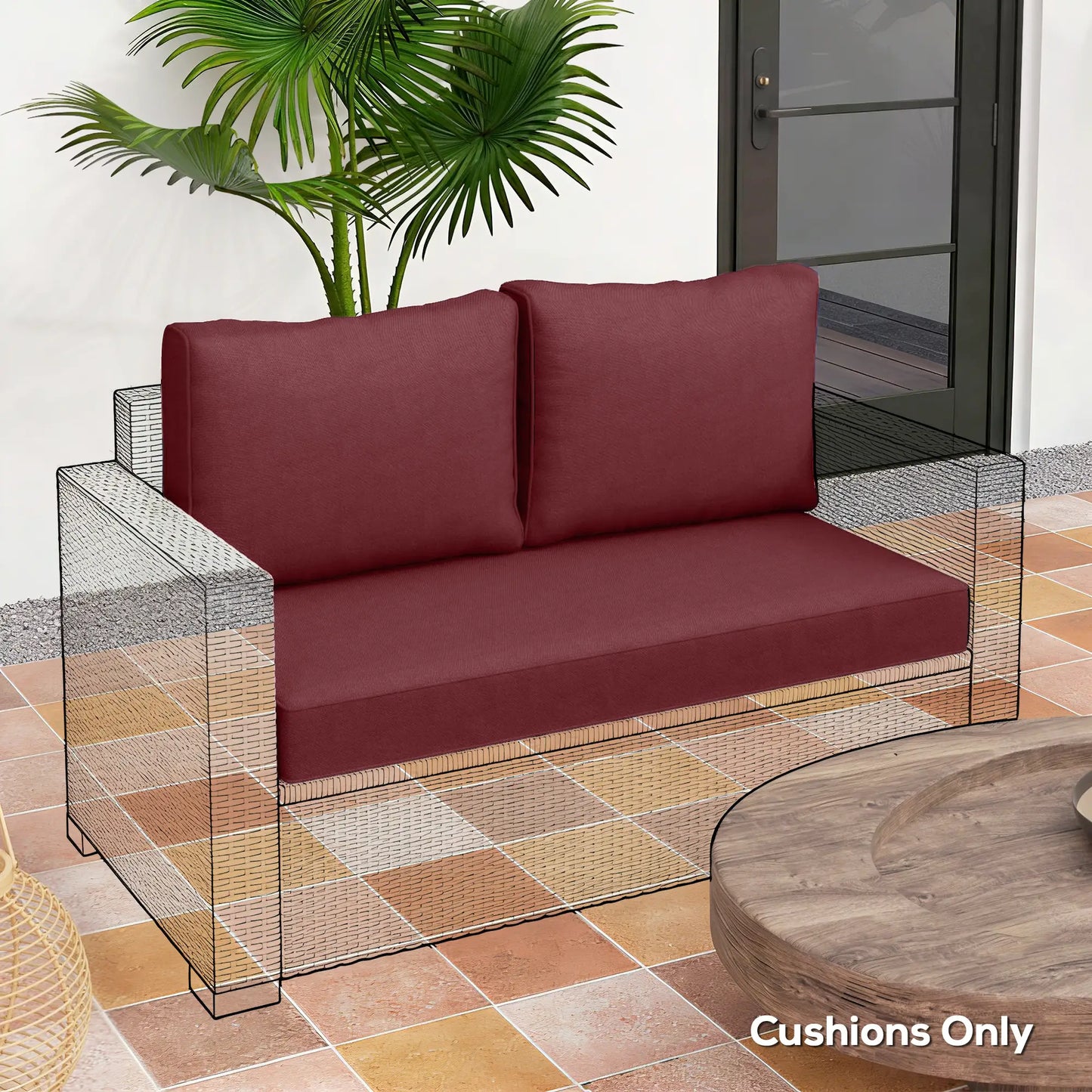 Outdoor Seat Cushions With Backrest, Loveseat Double Sofa, Wine Red Patio Chair Cushions at Gallery Canada