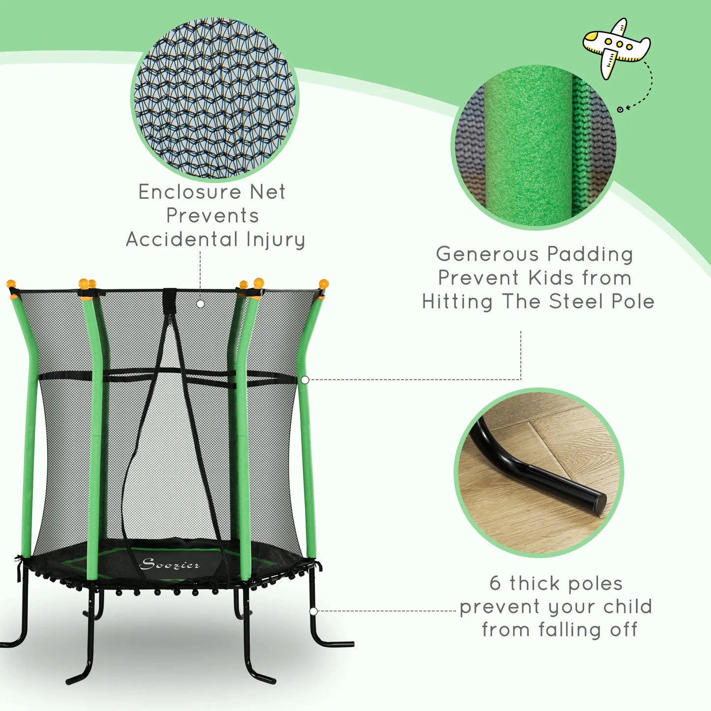 64" Kids Trampoline, Indoor Outdoor, Enclosure Net, Green Trampolines at Gallery Canada