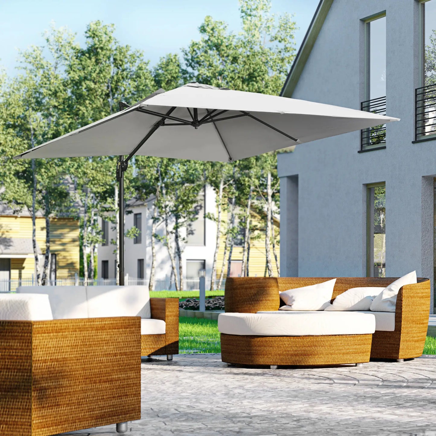9ft Square Cantilever Patio Umbrella, Cross Base, Crank Handle, Light Grey Offset Cantilever Umbrellas at Gallery Canada