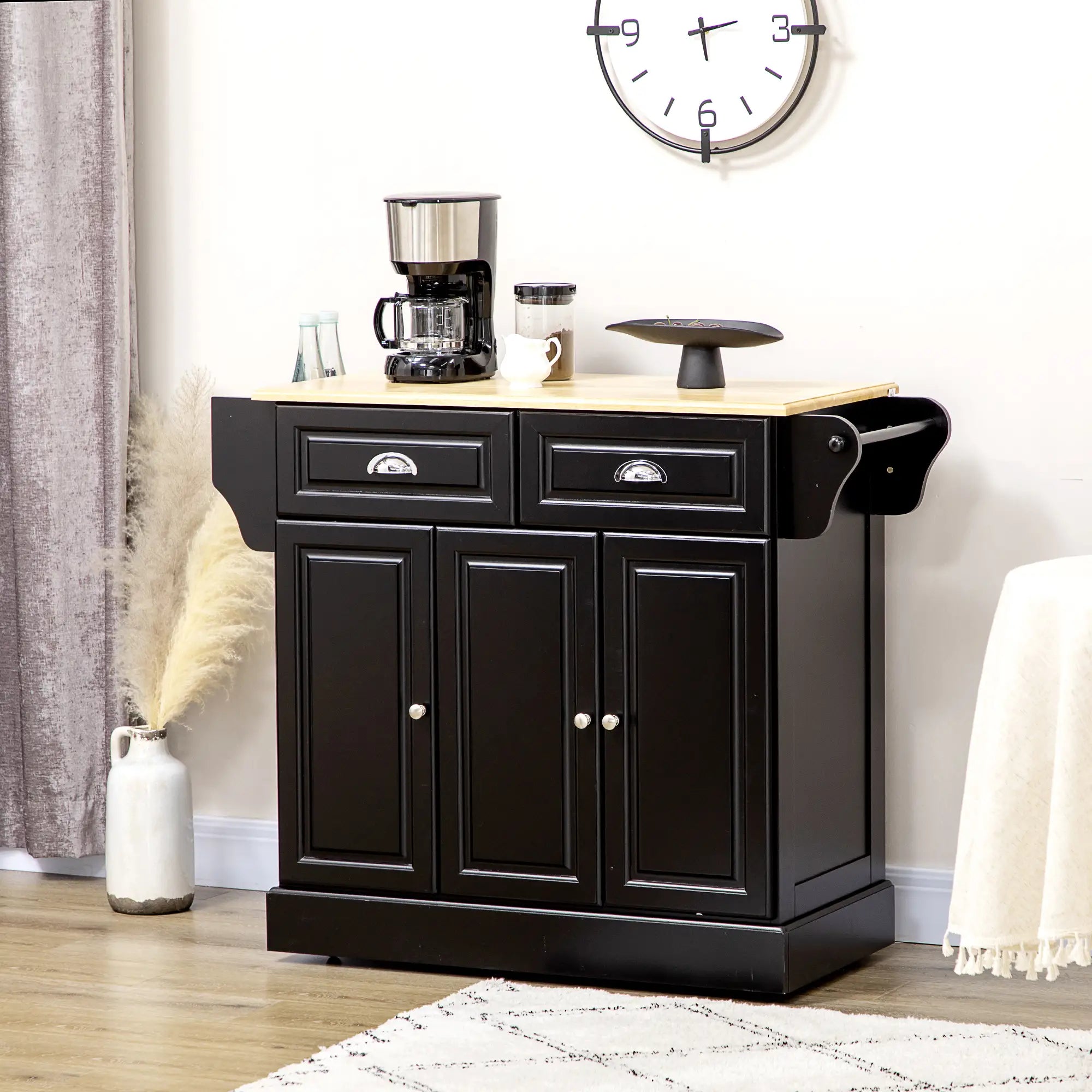 Kitchen Island with Storage, Rolling Cart, Rubber Wood Top, Black Kitchen Islands & Kitchen Carts at Gallery Canada