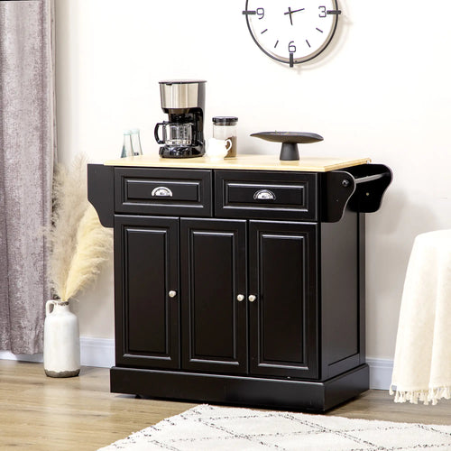 Kitchen Island with Storage, Rolling Cart, Rubber Wood Top, Black
