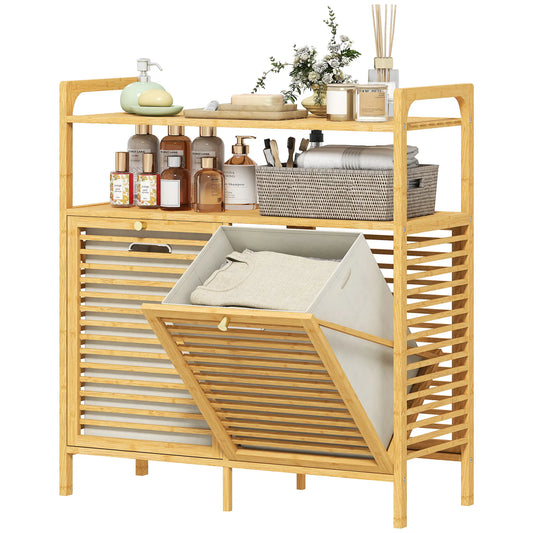 Tilt Out Laundry Hamper, Bamboo Cabinet with 2 Baskets, 2 Shelves, Natural Bathroom Cabinets Natural, Cream White at Gallery Canada