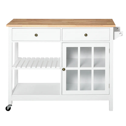 Kitchen Cart on Wheels, Utility Storage Island, Rubber Wood Top, White Kitchen Islands & Kitchen Carts at Gallery Canada