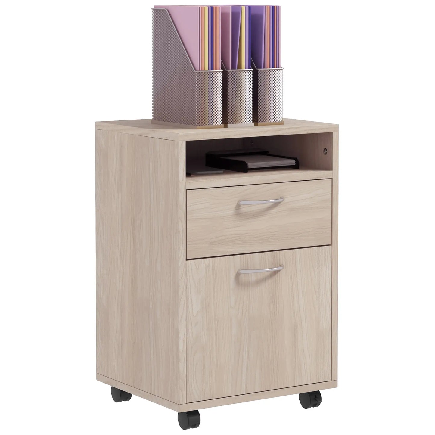 24" Small Filing Cabinet, Open Compartment, Drawer, Wheels, Oak Office Cabinets & Cupboards at Gallery Canada