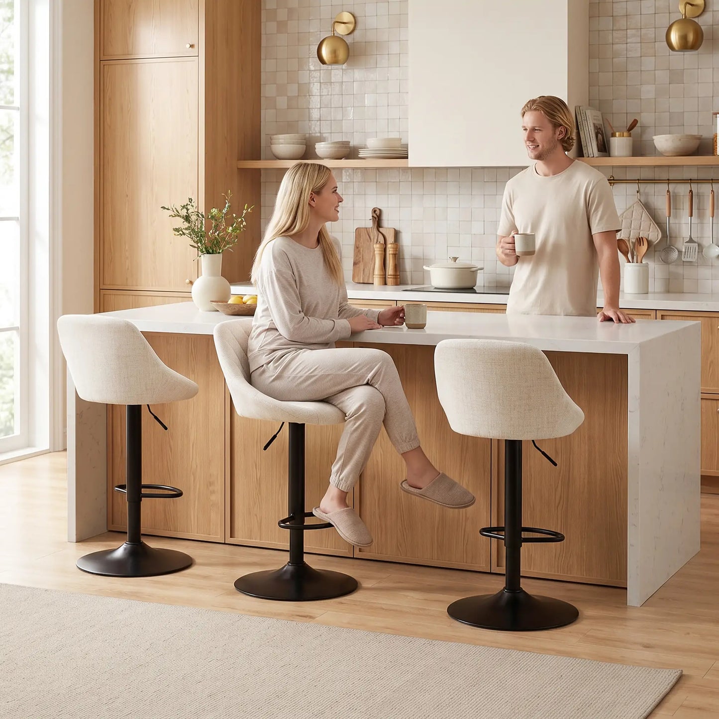Tabourets de bar pivotants hauteur comptoir Lot de 3, Blanc cassé
