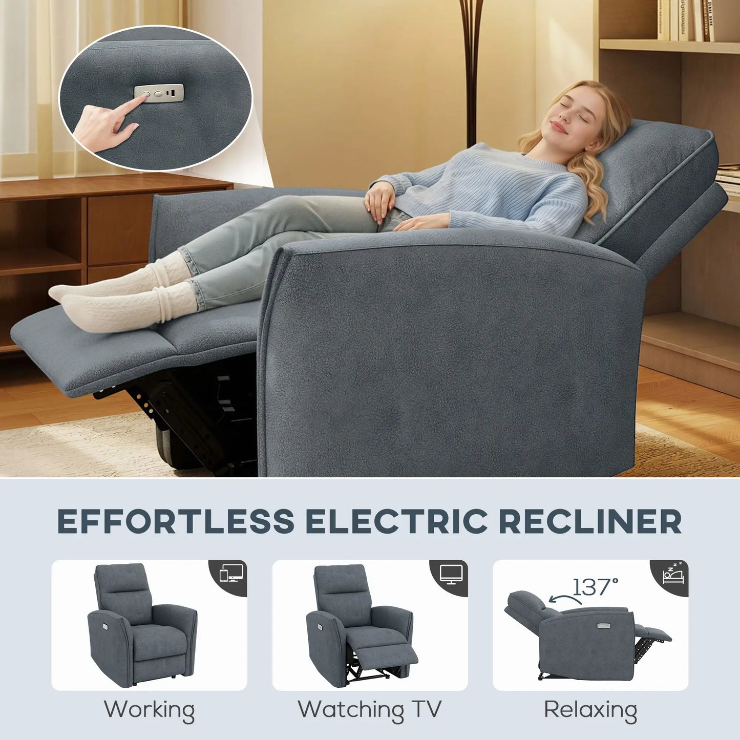 Fabric Recliner Chair, USB Ports, Footrest, Charcoal Grey Sofas & Reclining Chairs at Gallery Canada