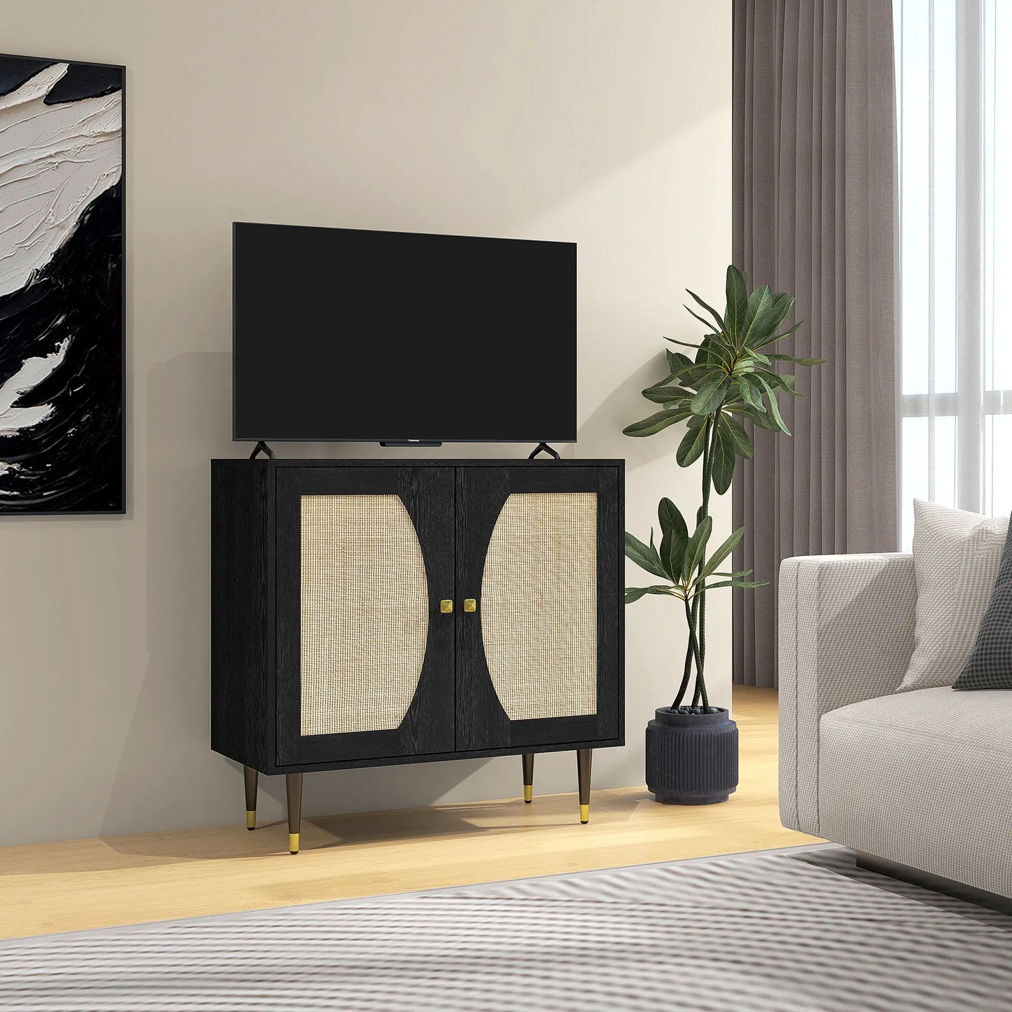 Boho Buffet Cabinet, Adjustable Shelf, Rattan Doors, 42 Inches, Black Kitchen Pantry Cabinets at Gallery Canada