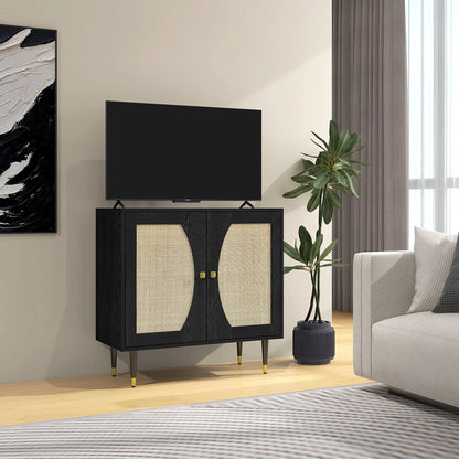 Boho Buffet Cabinet, Adjustable Shelf, Rattan Doors, 42 Inches, Black Kitchen Pantry Cabinets at Gallery Canada