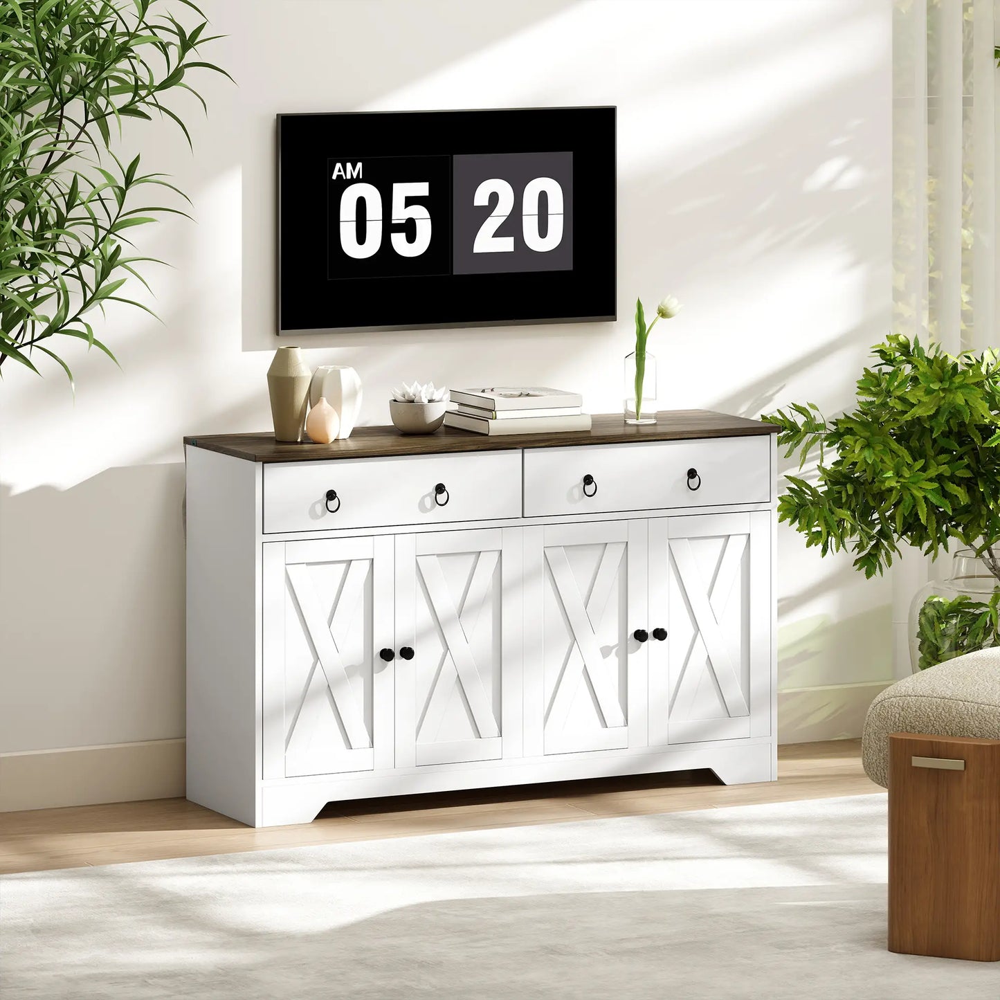 Kitchen Sideboard Cabinet, 2 Drawers, 4 Barn Doors, 2 Adjustable Shelves, White Bar Cabinets at Gallery Canada