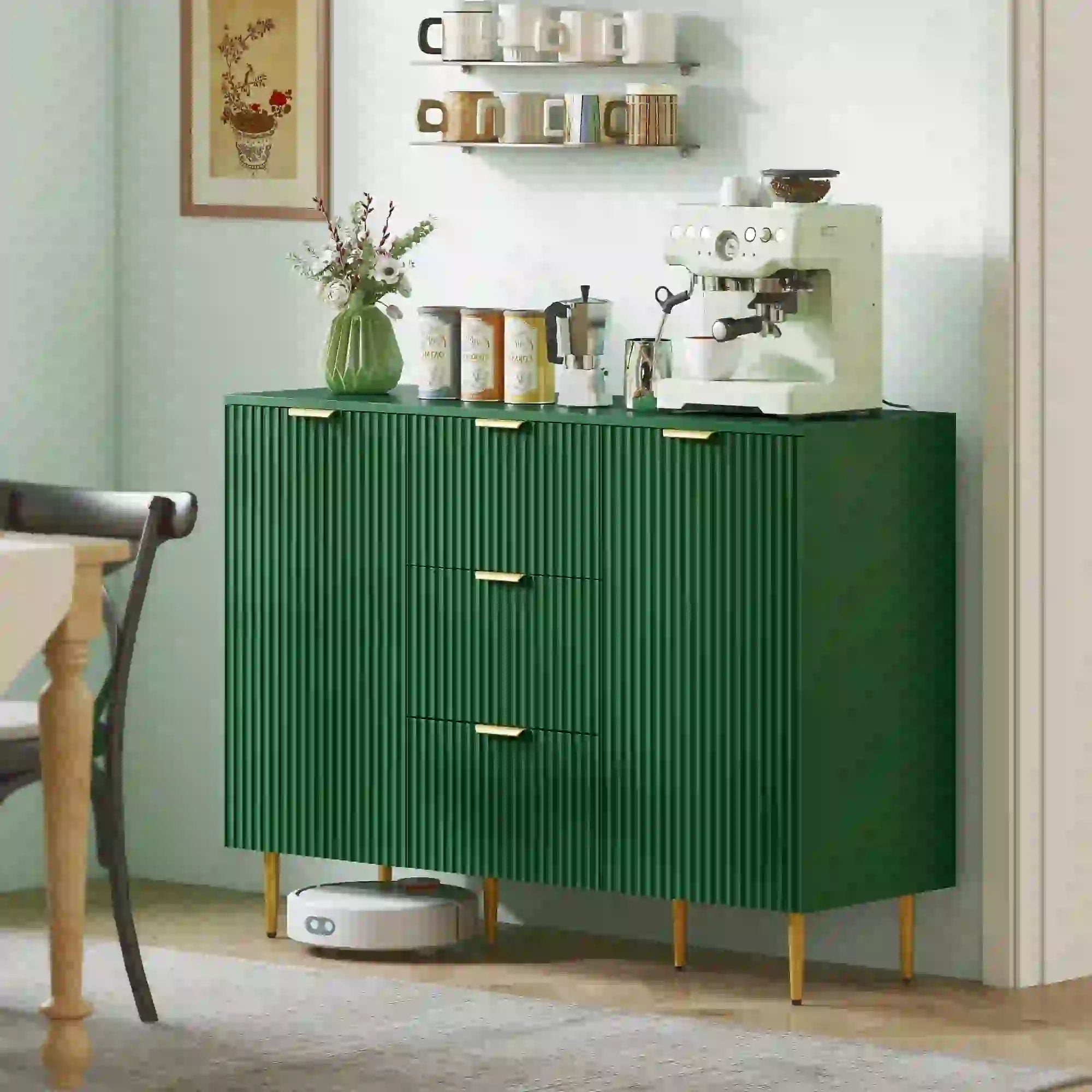 Modern Kitchen Storage Cabinet, Sideboard Buffet, 3 Drawers, Adjustable Shelves, Green Bar Cabinets at Gallery Canada